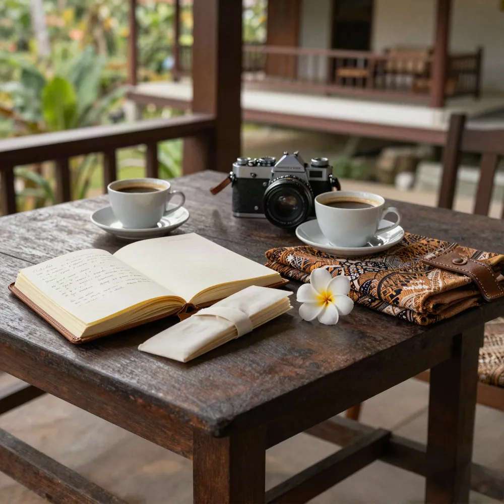 Cuaderno de viaje, café de Java y batik en una veranda colonial